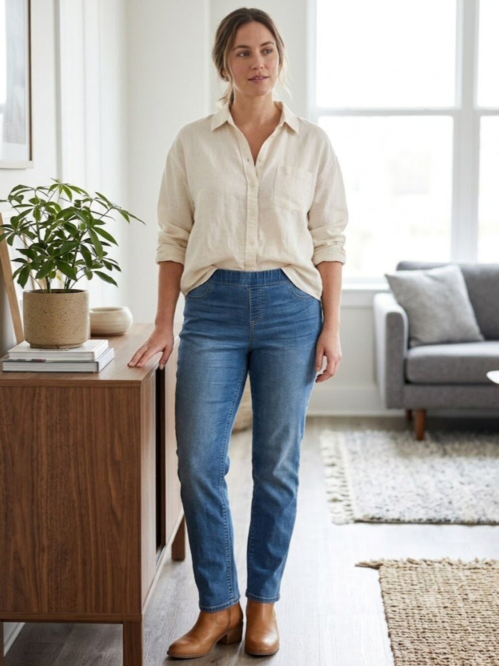 Medium Wash Pull-On Denim Jeggings / Skinny Jeans